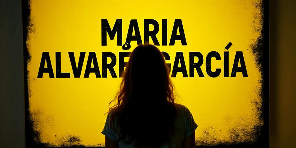 a woman standing in front of a yellow and black background with the words maria alvarez garcia on it