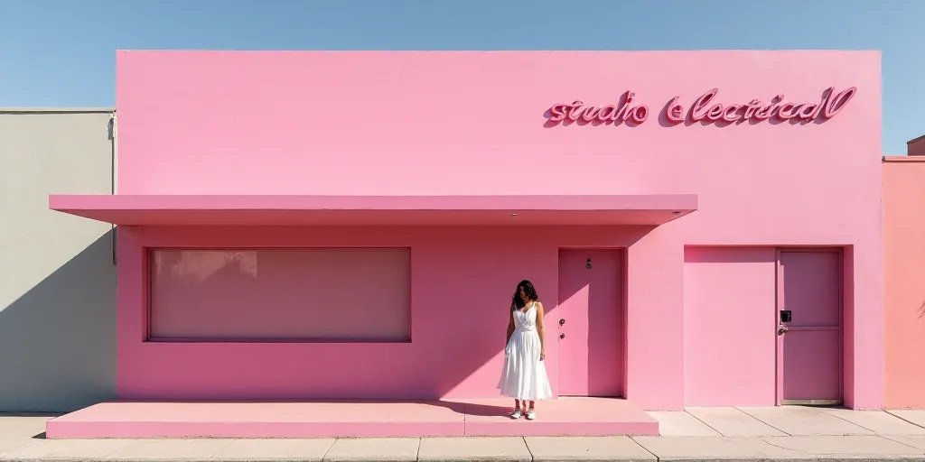 a woman standing in front of a pink building with a sign that says studio electrical on it's side, E