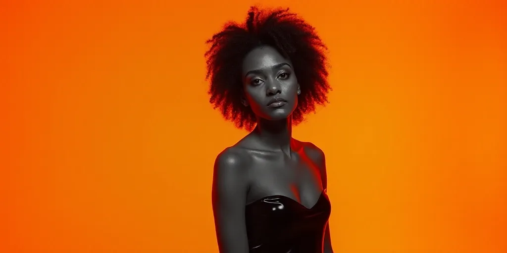 a woman standing in front of an orange background with a black and white photo of her and the words