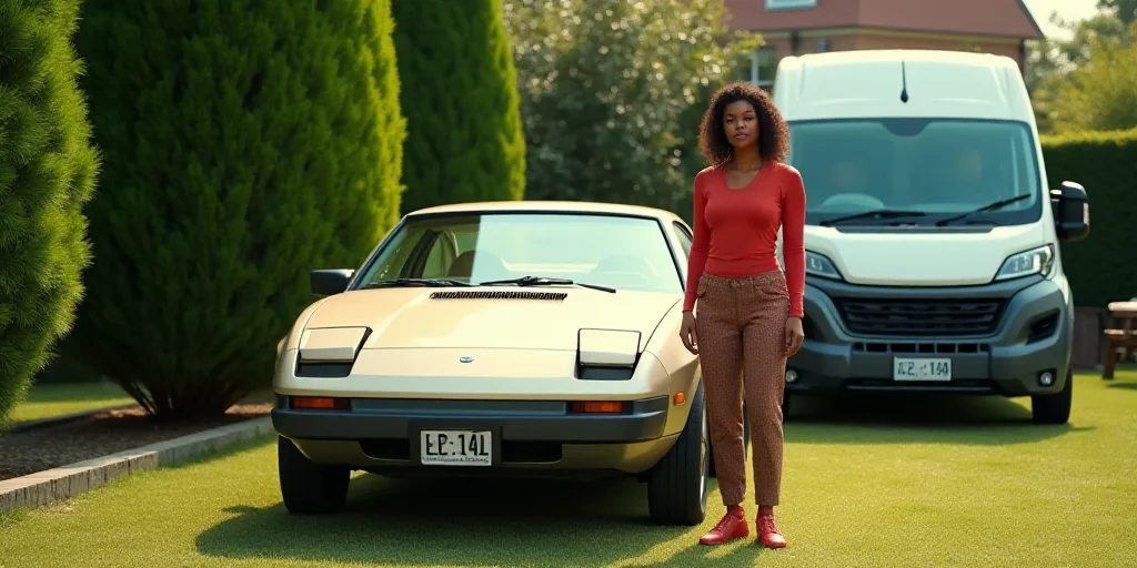 a woman standing next to a parked car in a garden area with a green bush behind her and a white van