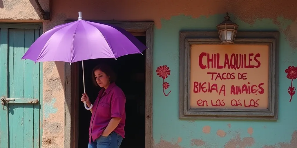 a woman standing under a purple umbrella in front of a building with a sign on it that says, chilaqu