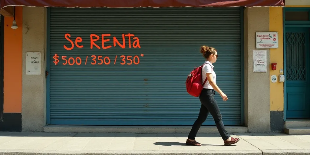 a woman walking down a sidewalk past a building with a sign on it that says se renta $ 500 / 350 / 3