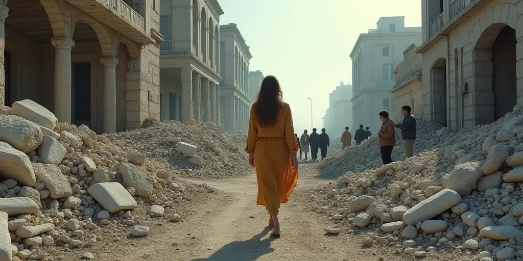 a woman walks through a rubble - covered area in a city with people standing around and looking at t