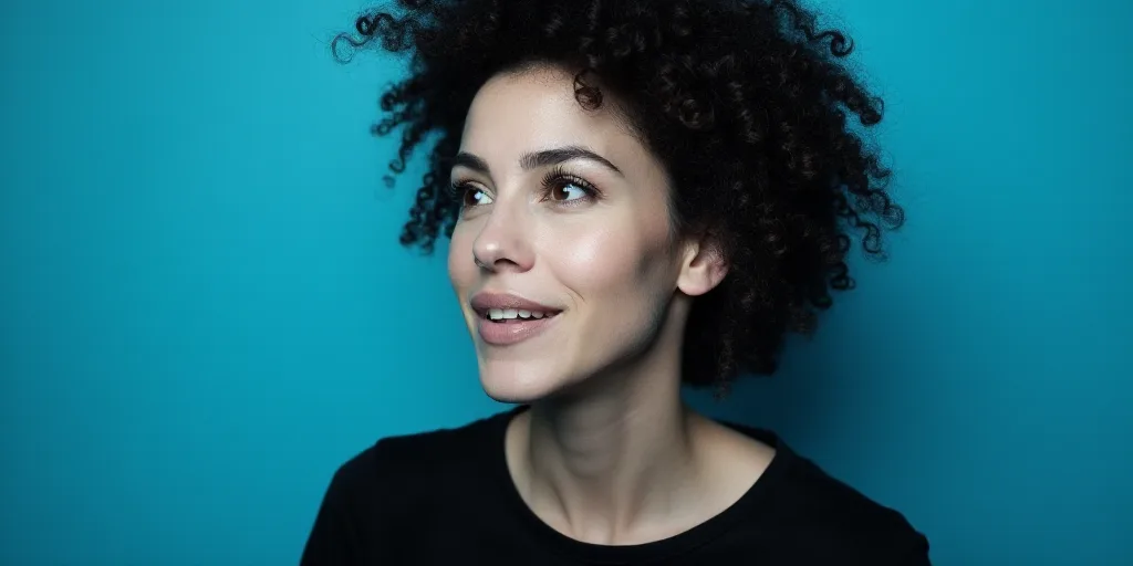 a woman with a black shirt and a blue background with a black and white photo of her face and the wo