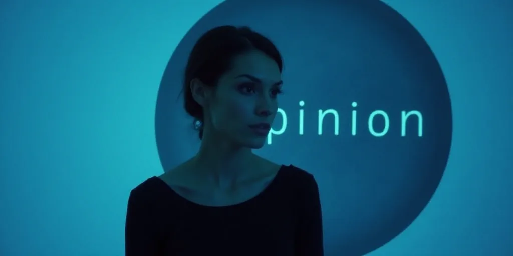 a woman with a black top and blue background with the words opinion and a black circle with a blue b