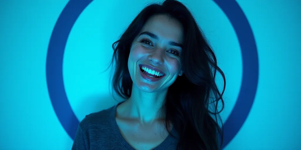 a woman with a blue background and a black and white photo of her is smiling and has a blue circle a