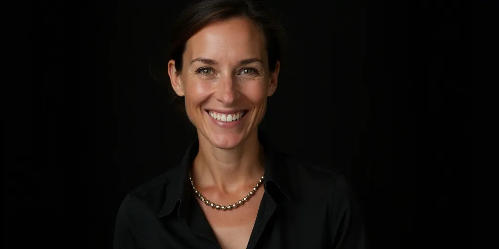 a woman with a shirt on and a necklace on her neck and a smile on her face, with a black background,