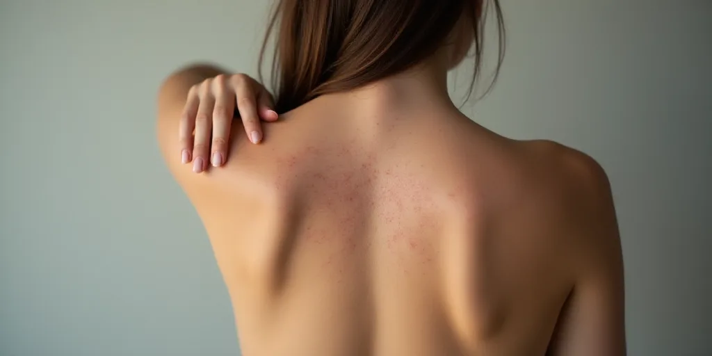a woman with acne on her back and her hand on her shoulder and her hand on her shoulder, Aquirax Uno