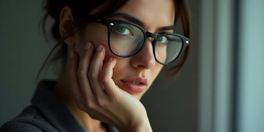 a woman with glasses is holding her hand to her face and looking at the camera with a serious look o