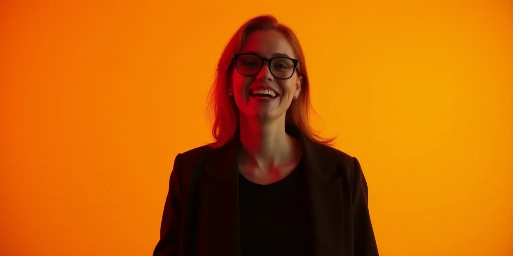 a woman with glasses is smiling for the camera with an orange background and a black jacket and blac