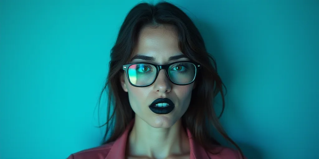 a woman with glasses standing in front of a blue background with a black and white photo of her face