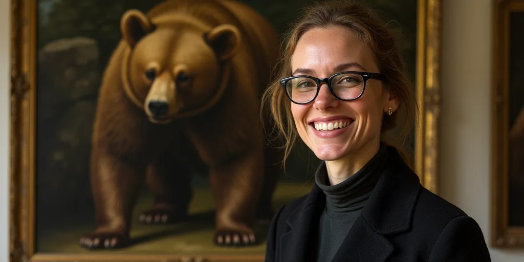 a woman with glasses standing in front of a painting of a bear on a wall with a smile on her face, E