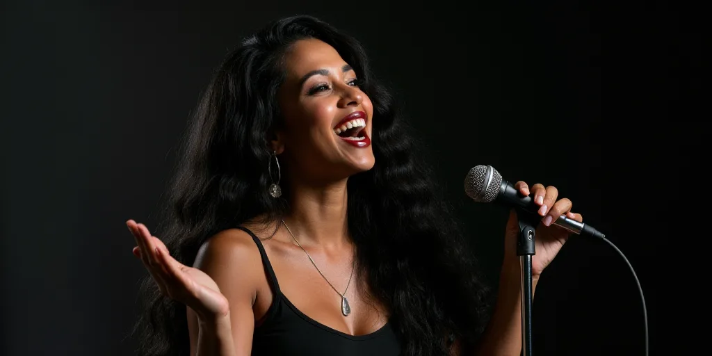 a woman with long black hair and a microphone in her hand and a microphone in her other hand, and a