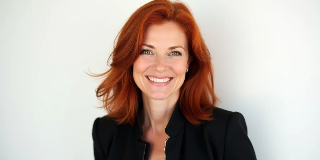 a woman with red hair and a black jacket is smiling at the camera with a white background behind her