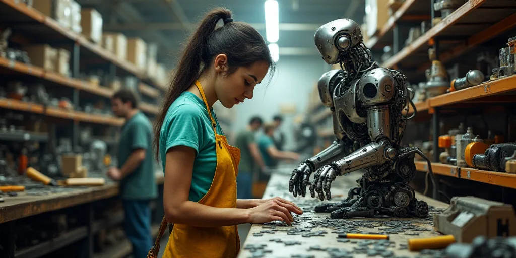 a woman working in a factory with lots of shelves and tools on the shelves and people in the backgro