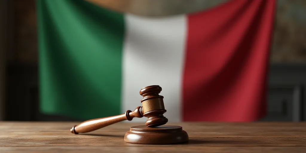 a wooden judge's gavel in front of a flag of italy and a wooden table with a flag, Avgust Černigoj,