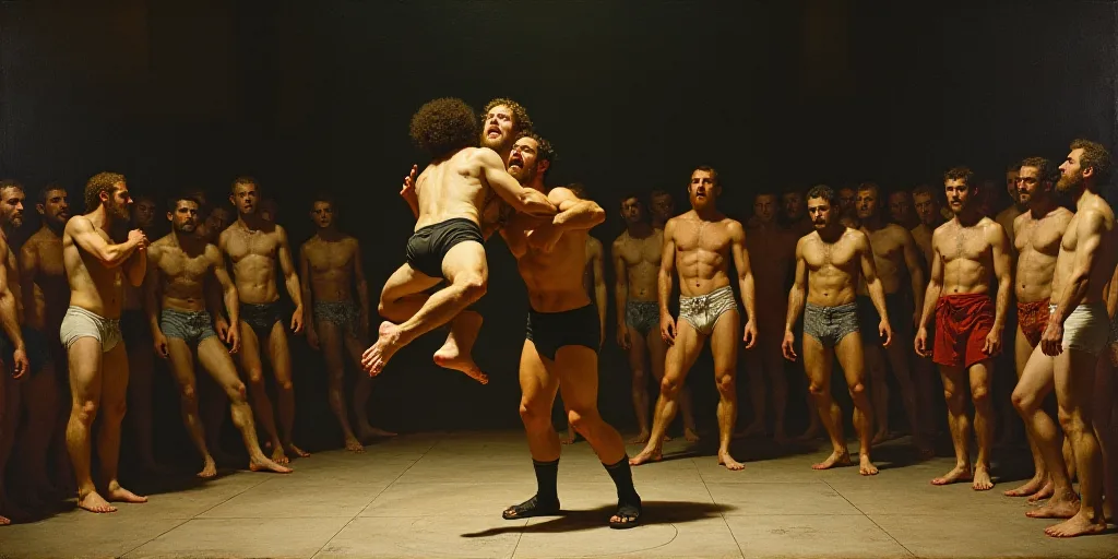 a wrestler is lifted up by his opponent in a ring of people watching him from the sidelines of the r