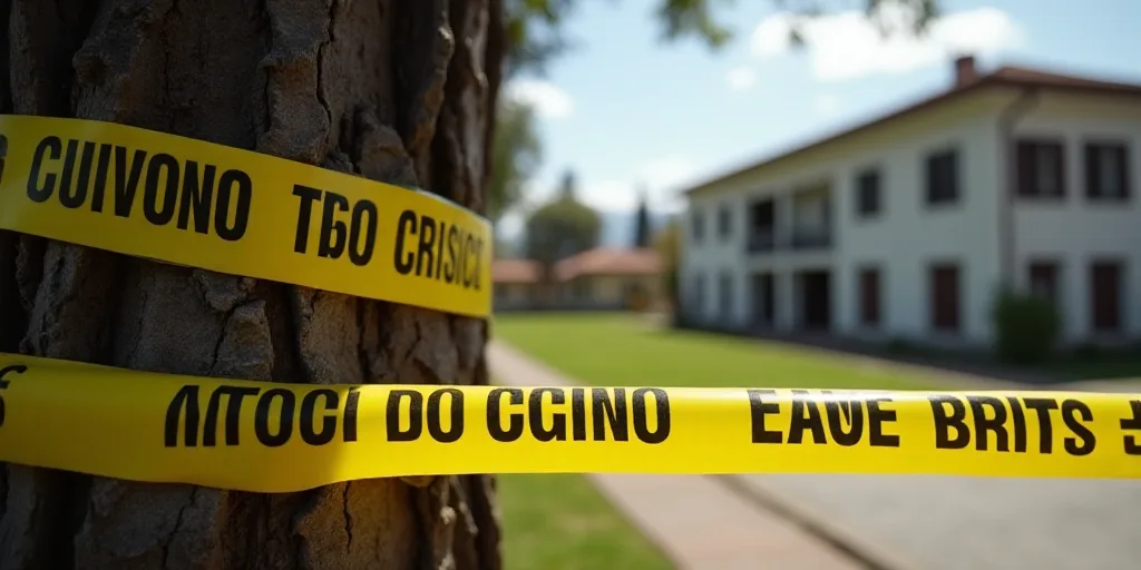 a yellow caution tape is in front of a tree and a building in the background with a building across