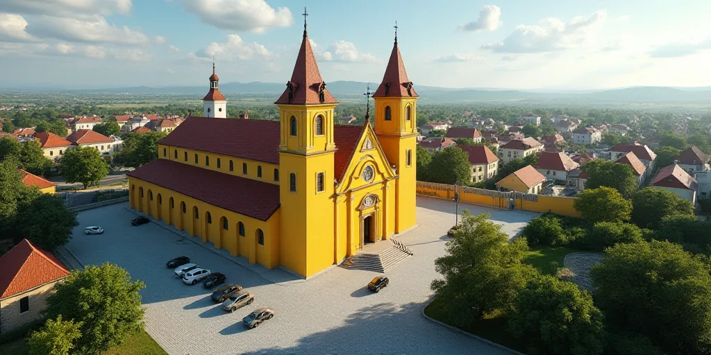 a yellow church with two towers and a clock tower in the background with cars parked in front of it,