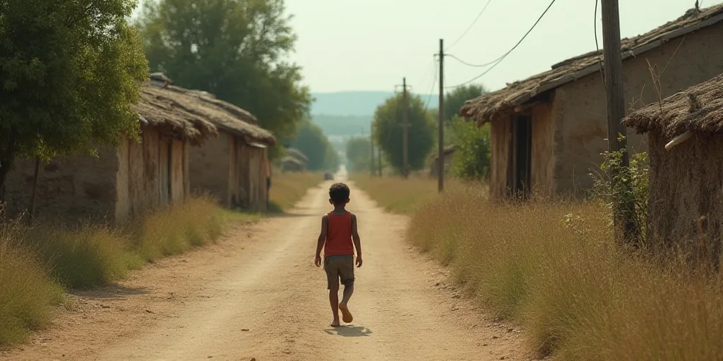 a young boy walking down a dirt road in front of a village with a shack and a few people, Ceferí Ol