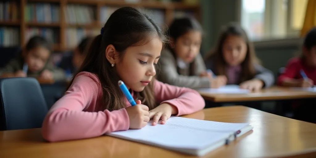 a young girl is writing on a piece of paper at a table with a pen and a notebook in front of her, Ar