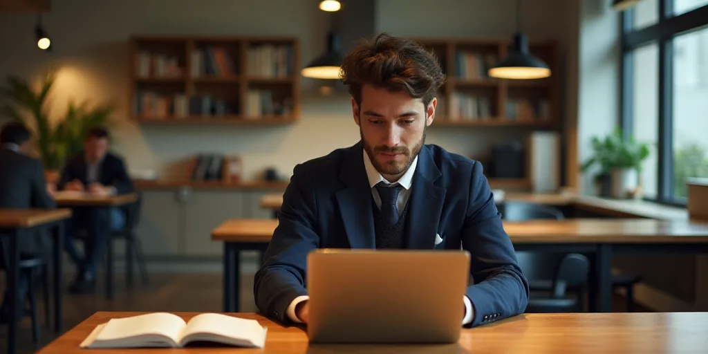 a young man sitting at a table using a laptop computer while looking at a book on the table next to