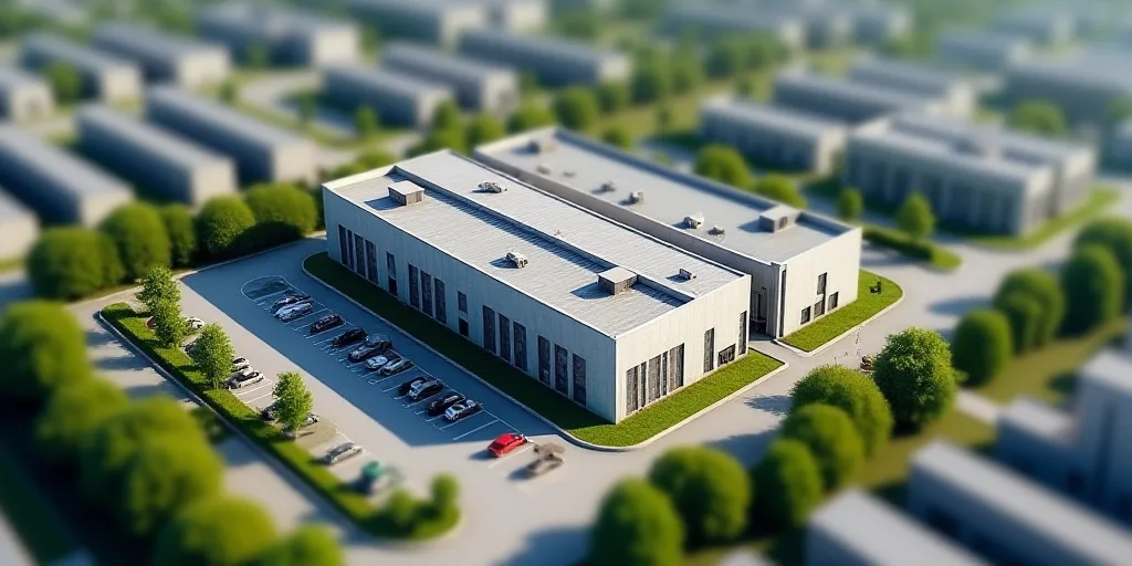 an aerial view of a factory building and surrounding buildings with a parking lot and a parking lot