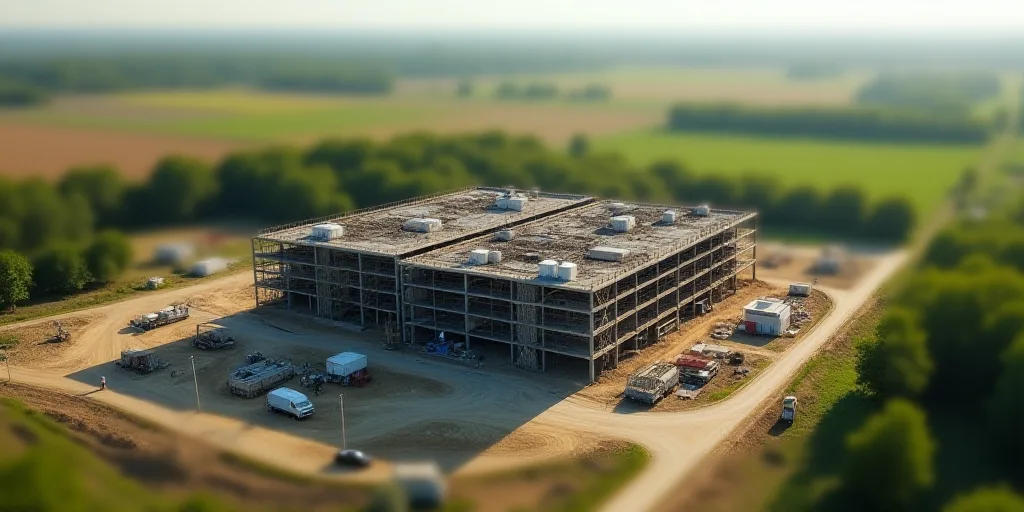 an aerial view of a factory building under construction in the country side of the country side of t