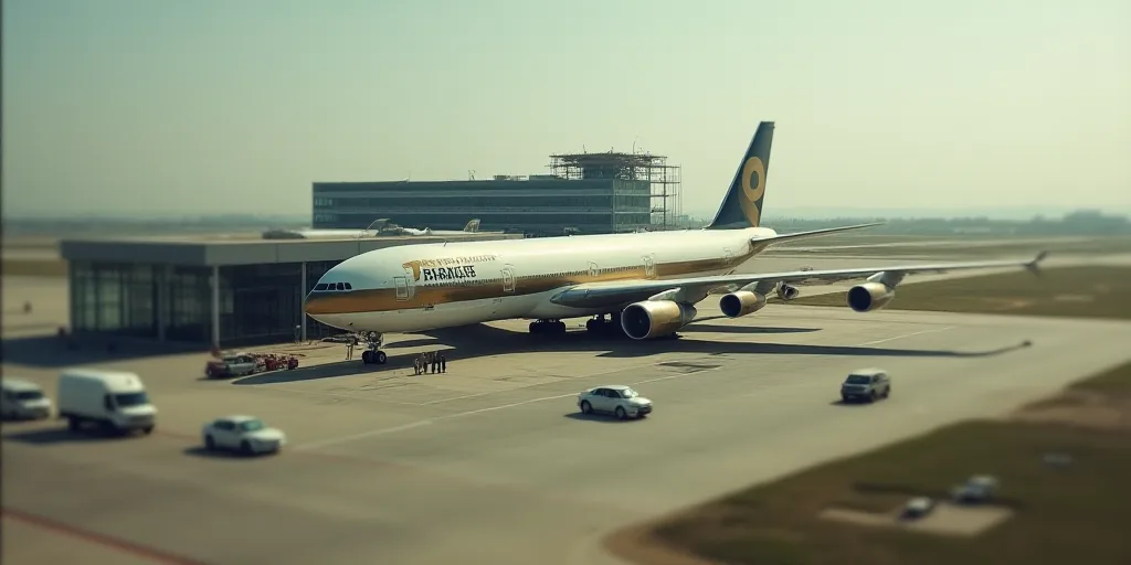 an aerial view of a large airport with cars parked in front of it and a building under construction