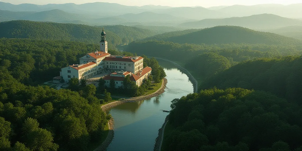 an aerial view of a large building in the middle of a forest with a river running through it and a b