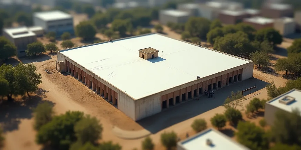 an aerial view of a large building with a large white sheet covering it's roof and surrounding it, D