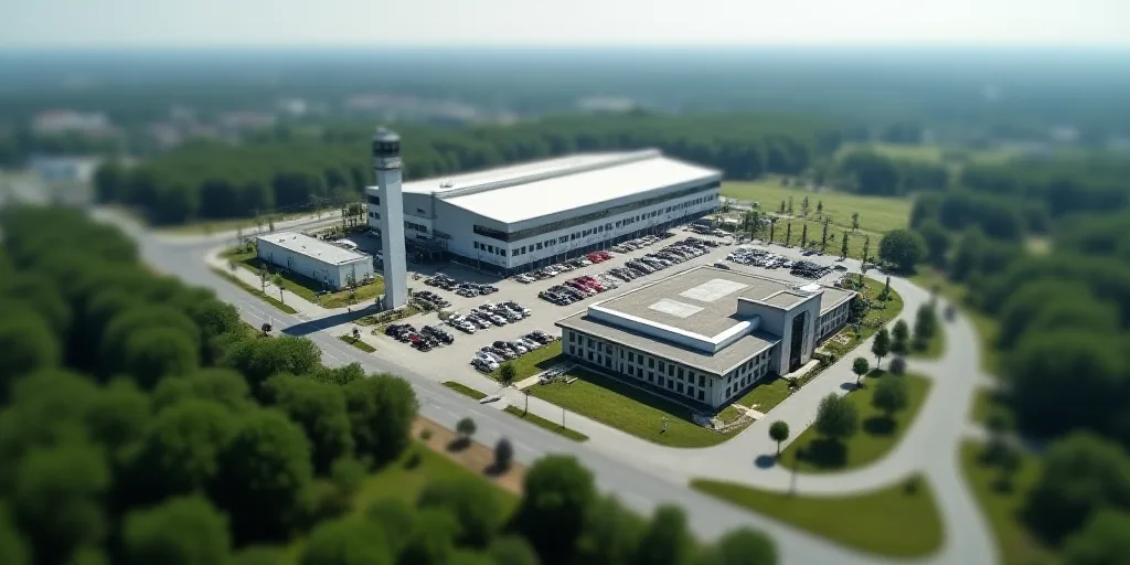 an aerial view of a large industrial building with a parking lot in front of it and a large building