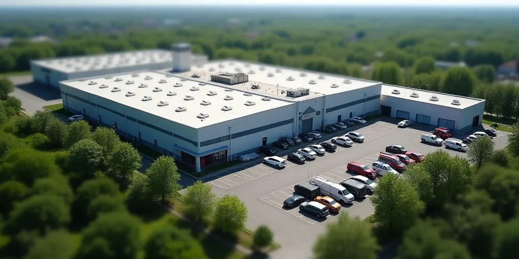 an aerial view of a large industrial building with a parking lot in front of it and a parking lot in