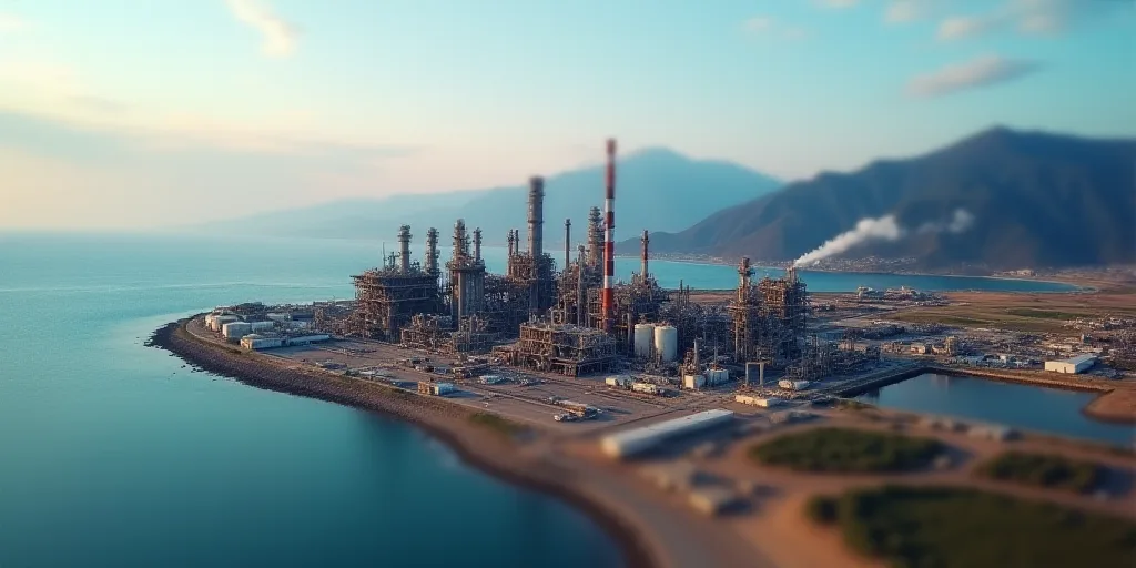 an aerial view of a large oil refinery near the ocean with mountains in the background and a body of