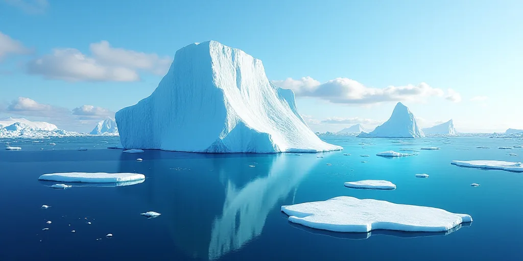 an iceberg floating in the ocean with ice floes floating around it and a blue sky with clouds, Andri