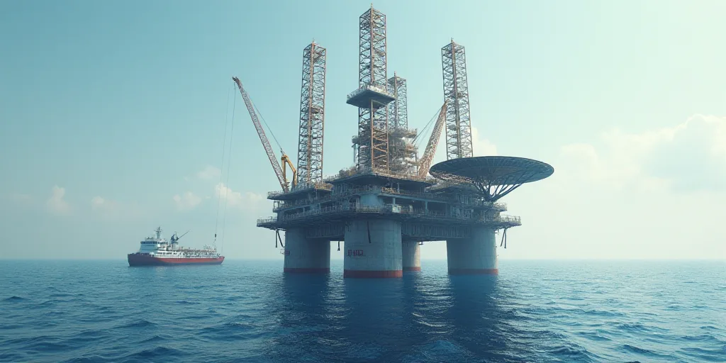 an oil rig and rig rig in the middle of the ocean with a boat in the background and a crane in the f