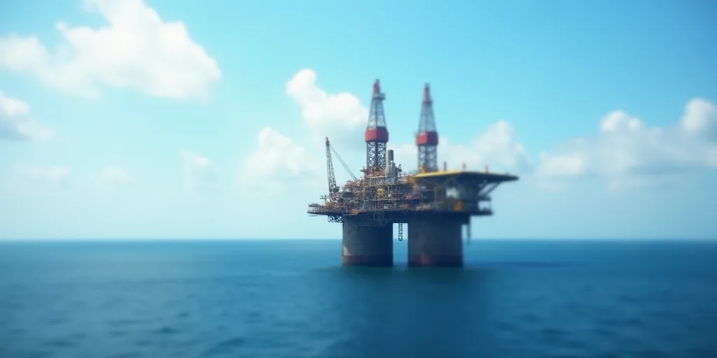 an oil rig in the middle of the ocean with a sky background and a few clouds above it that are blue,