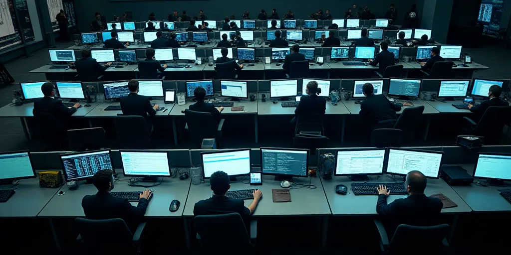 an overhead view of a stock market with a lot of monitors and people working on computers in the bac