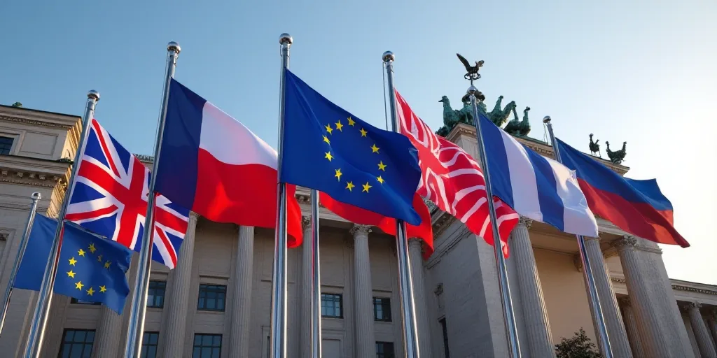 european flags are flying in front of a building in europe, europe, and the united states of europe,