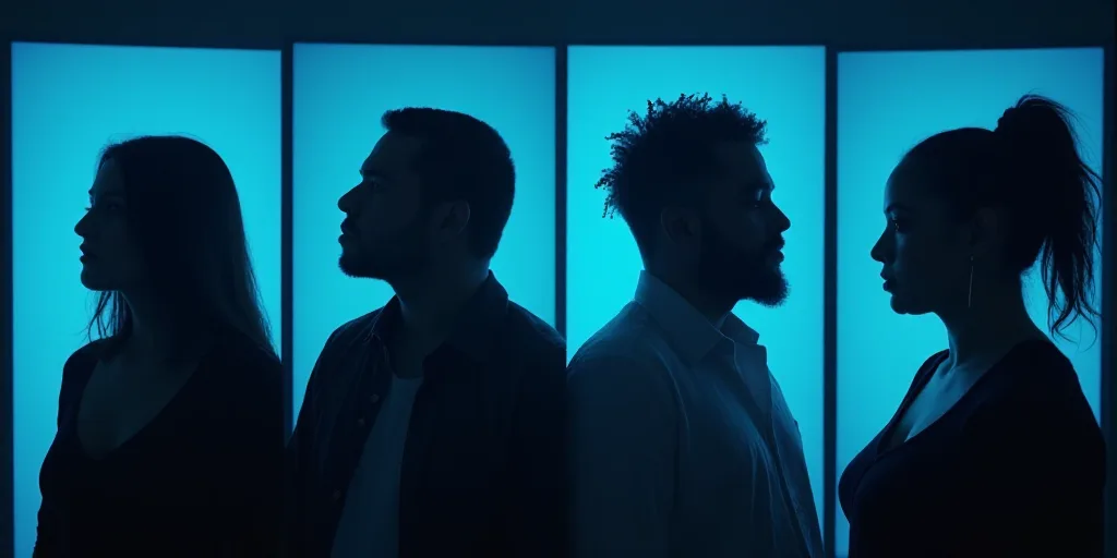 four people are shown in a series of pictures with a blue background and a blue background with a bl