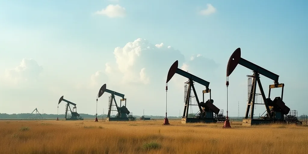 oil pumps in a field with a sky background and a few clouds in the background, with a few clouds in