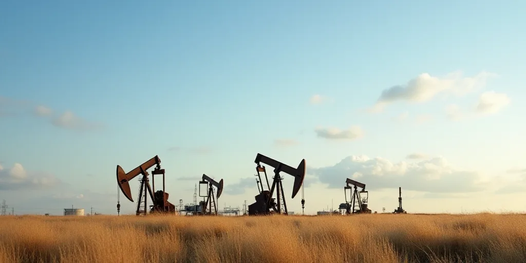 oil pumps in a field with a sky background and a few clouds in the background, with a few clouds in