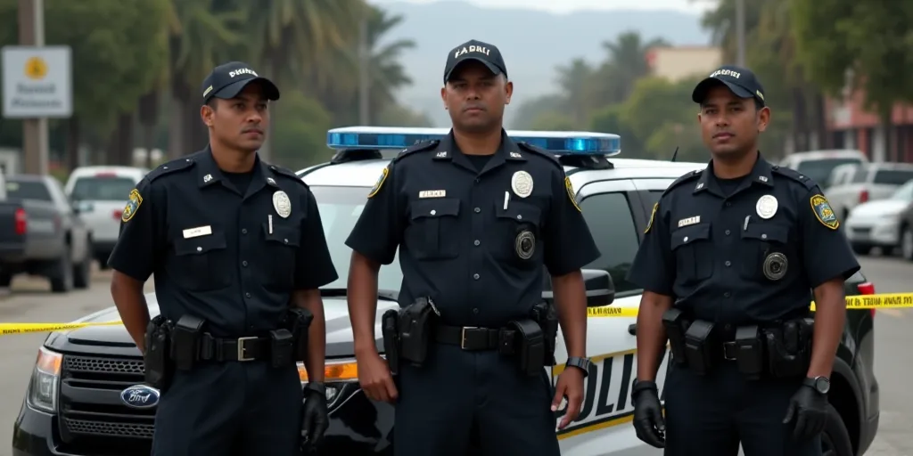 police officers standing in front of a police car with a police tape on the ground behind them and a