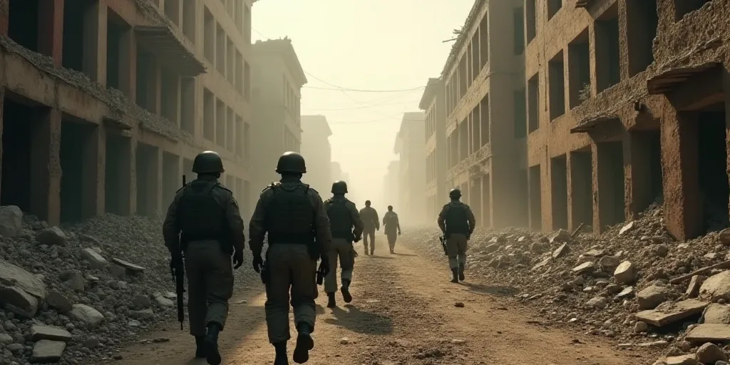 soldiers walk through a destroyed building in a city with debris on the ground and people walking ar