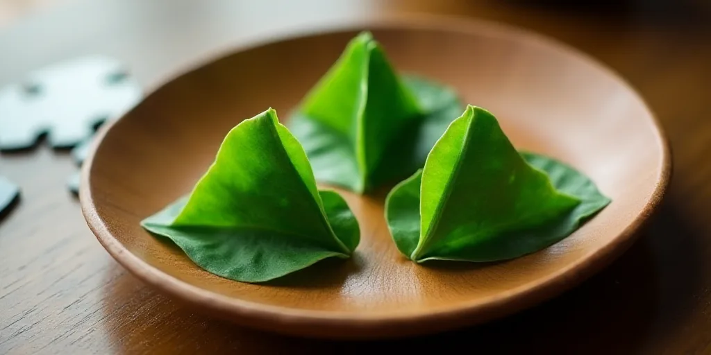 three green leaves are on a wooden plate on a table, one is folded in a triangle and the other is fo