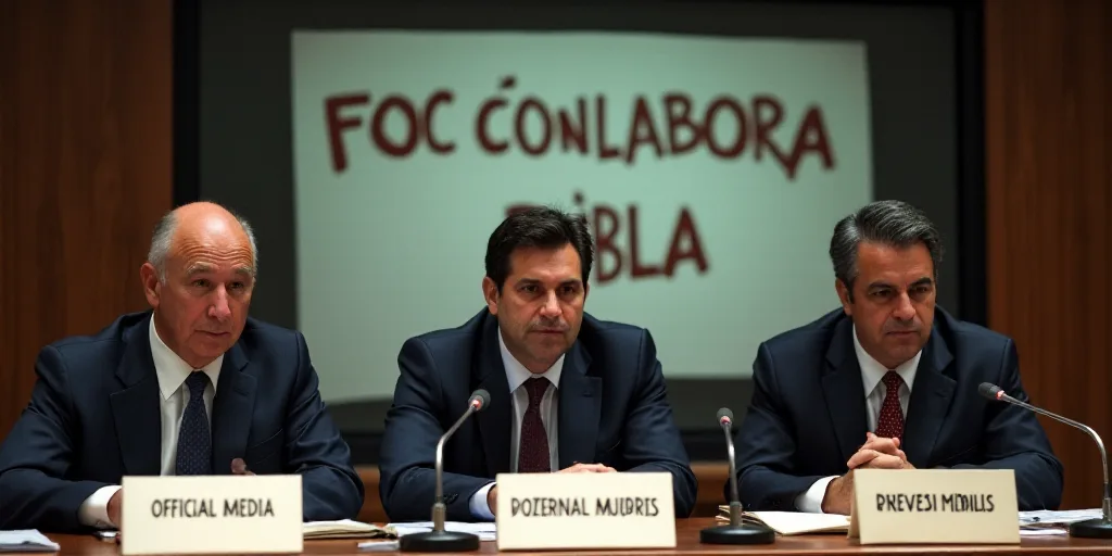 three men sitting at a table with microphones in front of them and a sign behind them that says foc