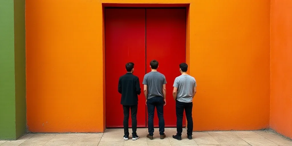 three men standing next to each other in front of a orange wall with a red door behind them and a gr