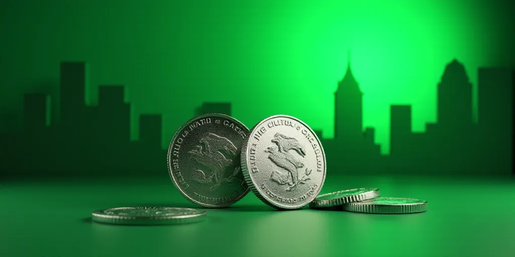 three mexican silver coins are shown in front of a green background with a building in the backgroun