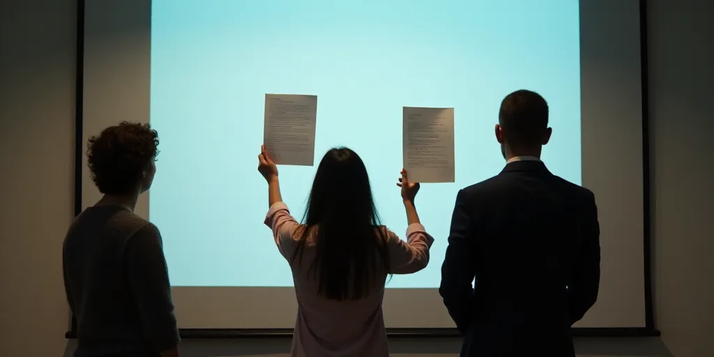 three people holding up some papers in front of a screen with a woman standing next to them and a ma