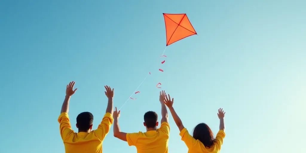 three people in yellow shirts are flying a kite together in the sky with their hands in the air and